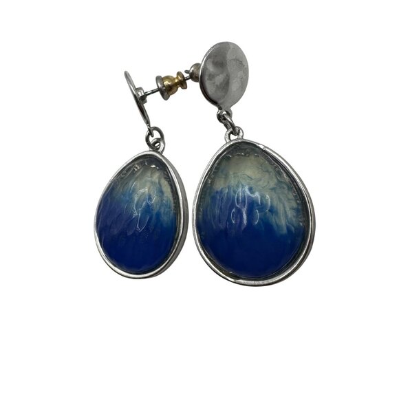 Chico's Earrings Jewlery Statement Dangle Drop Silver Tone Blue Teardrop - Picture 2 of 6